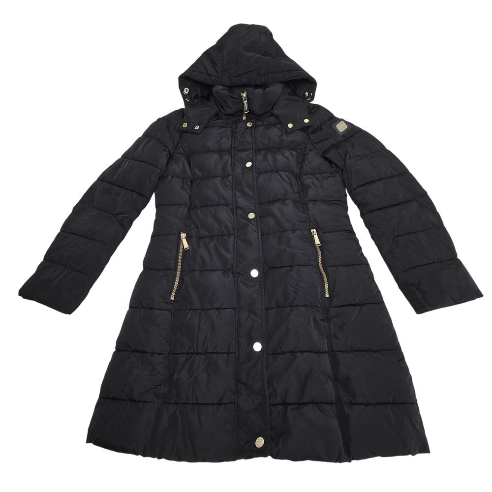Calvin Klein Black Puffer Jacket Detachable Hood Knee High Coat Women's S